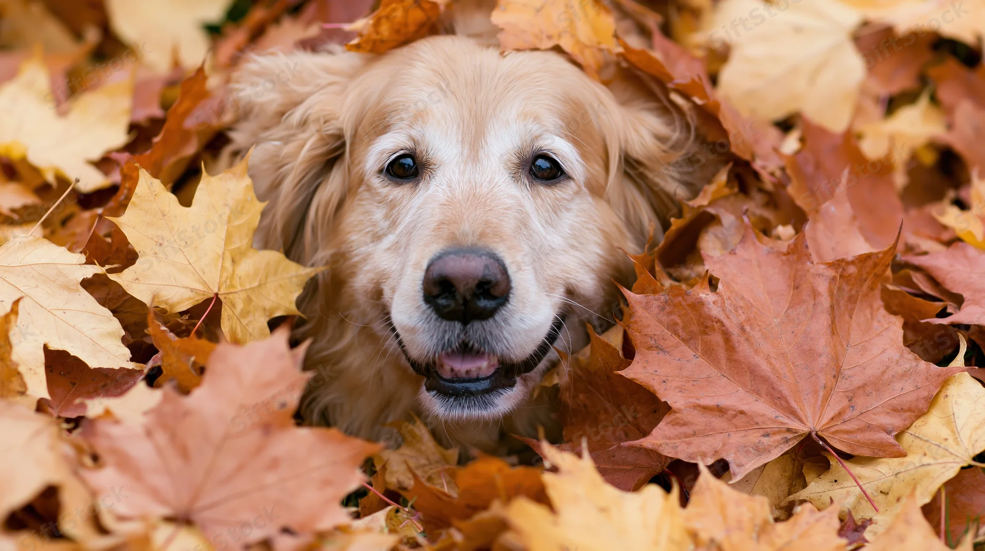 Golden retriever dog peeking out from a pile of fallen autumn leaves in a natural outdoor setting