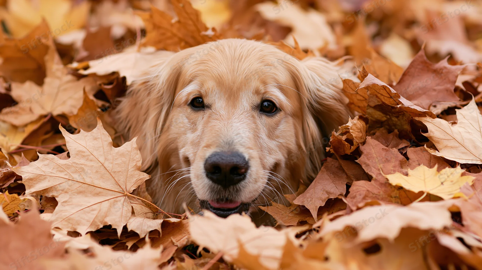 Golden retriever peeking from a pile of fallen autumn leaves outdoors