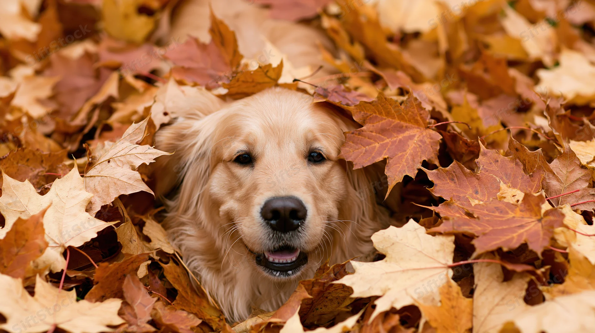 Golden retriever dog peeking through a pile of fallen autumn leaves outdoors
