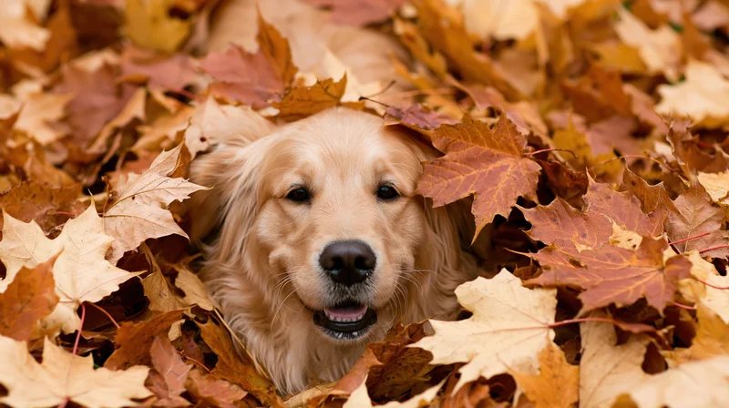 Golden retriever dog peeking through a pile of fallen autumn leaves outdoors