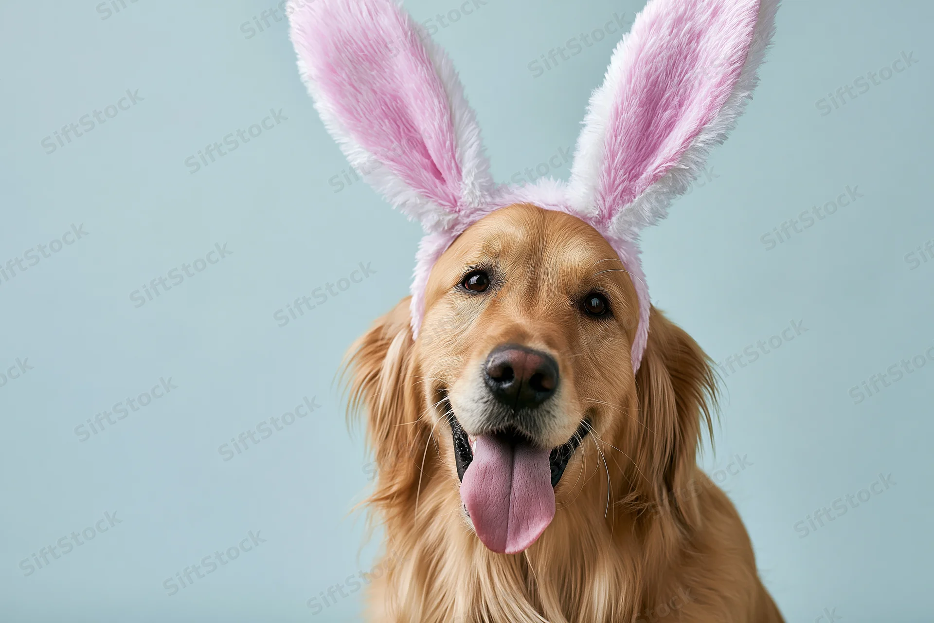 Golden retriever wearing pink and white fluffy bunny ears, tongue out, against light blue background
