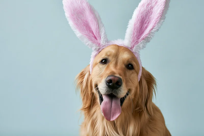 Golden retriever wearing pink and white fluffy bunny ears, tongue out, against light blue background