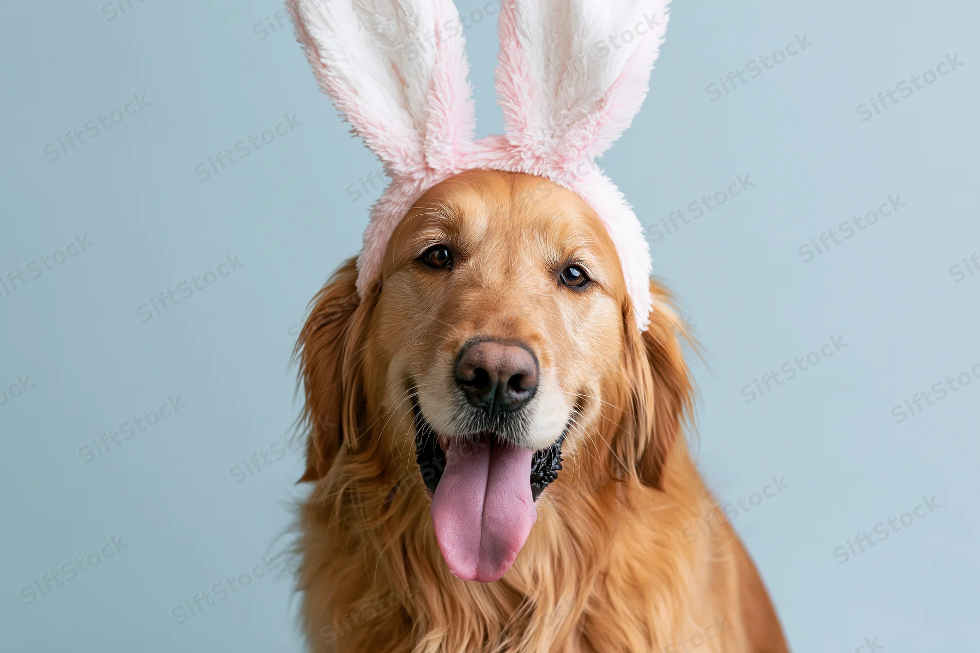 Golden retriever wearing fluffy pink and white bunny ears headband, tongue out, against light blue background