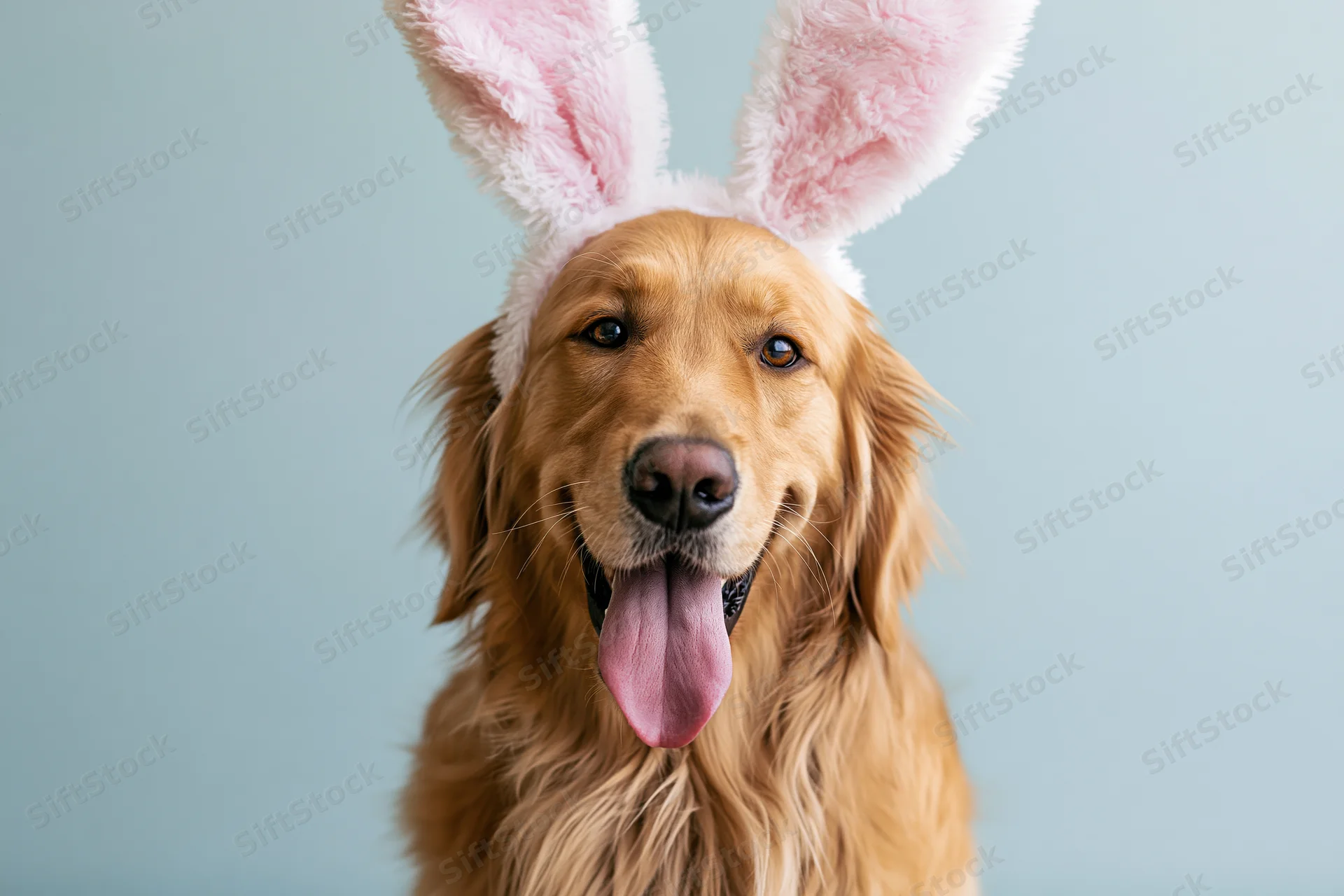 Golden retriever wearing pink and white bunny ears, tongue out, against light blue background
