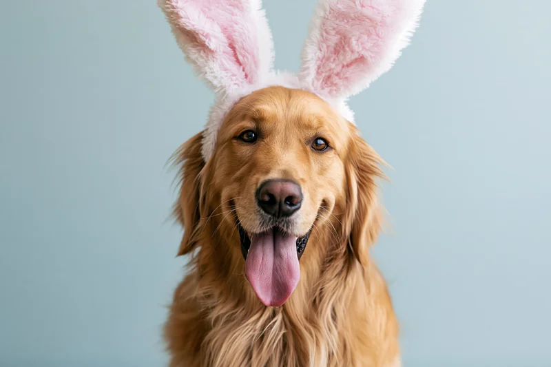 Golden retriever wearing pink and white bunny ears, tongue out, against light blue background