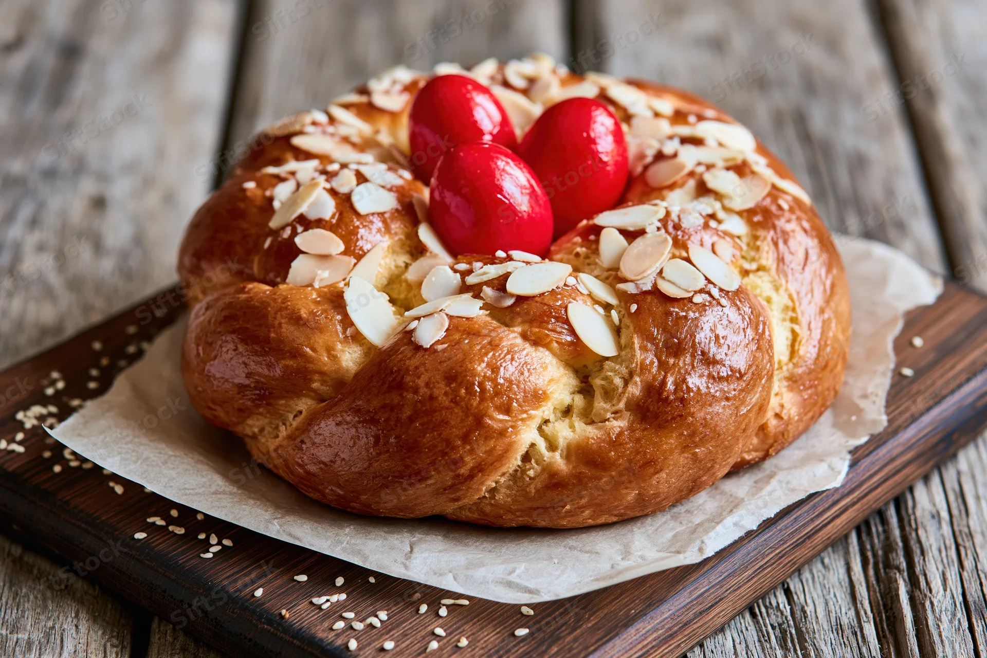 Round braided tsoureki bread topped with red eggs and sliced almonds on wooden board