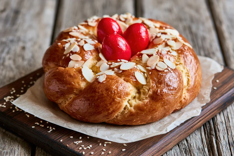 Round braided tsoureki bread topped with red eggs and sliced almonds on wooden board