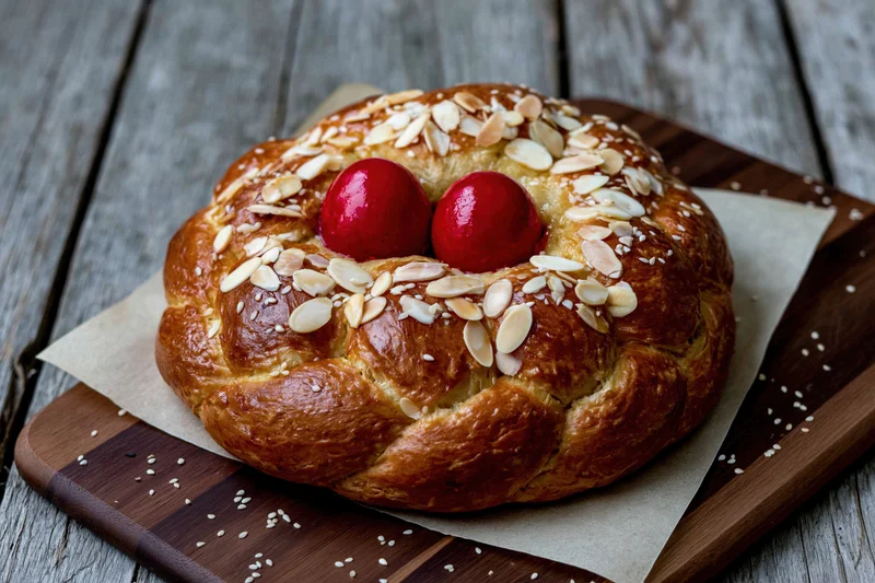Round braided tsoureki bread topped with red eggs and sliced almonds on wooden board