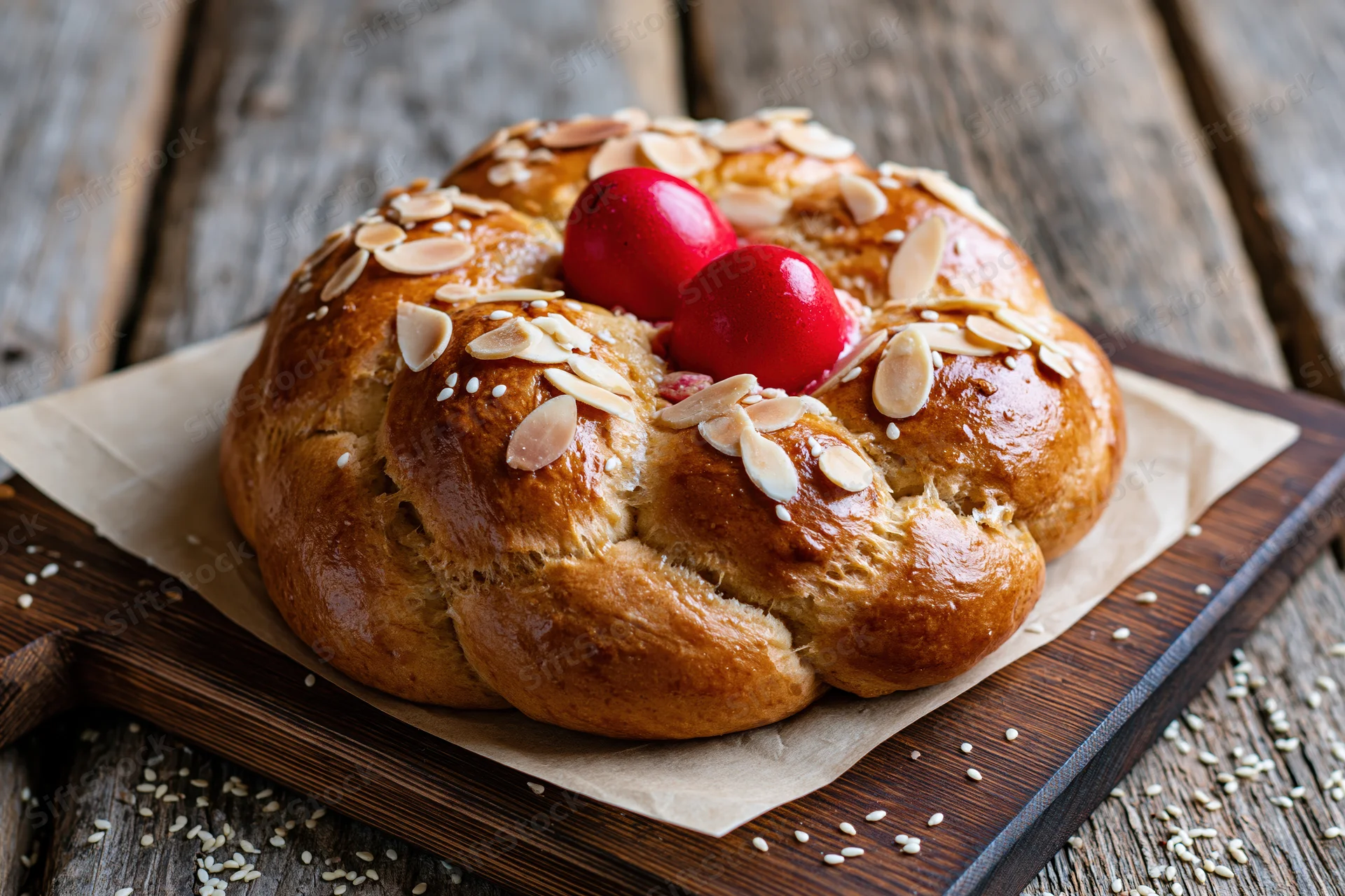 Round braided tsoureki bread topped with red eggs and sliced almonds on wooden board