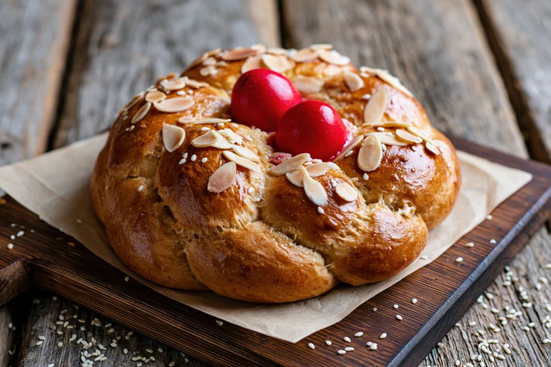 Round braided tsoureki bread topped with red eggs and sliced almonds on wooden board