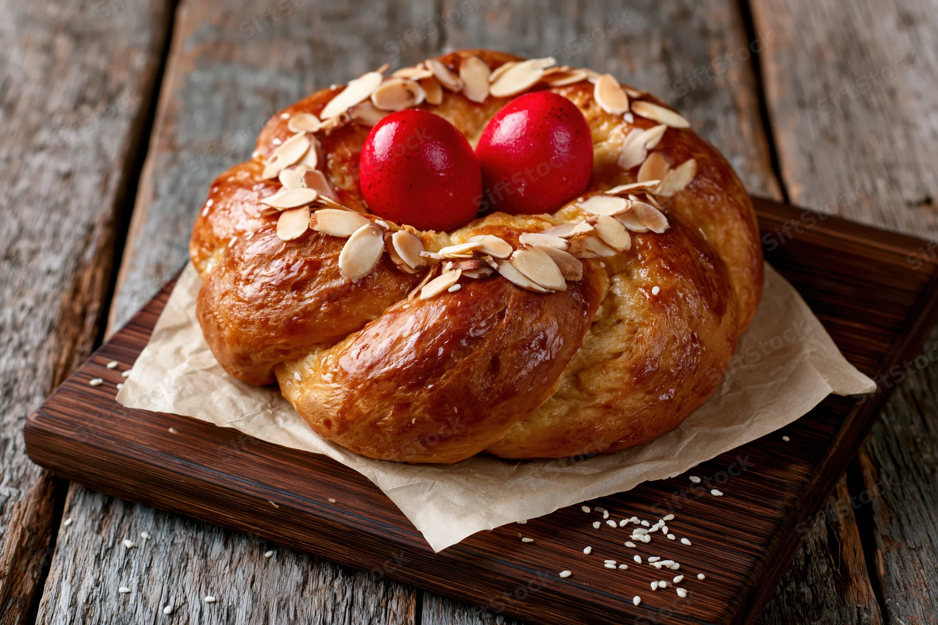 Round braided tsoureki bread topped with red eggs and sliced almonds on wooden board