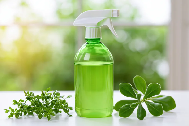 Green plastic spray bottle filled with translucent green liquid on white table beside fresh herbs and leaves near window