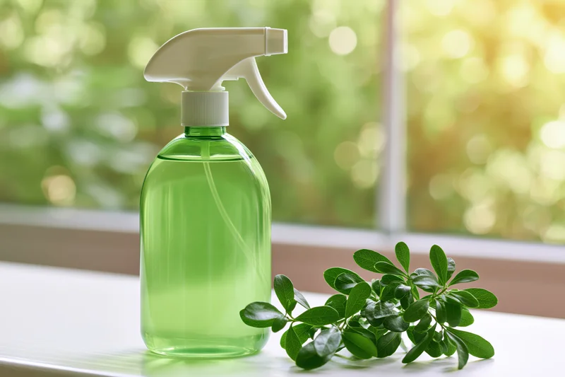 Green plastic spray bottle with translucent liquid and fresh leaves on windowsill near garden view
