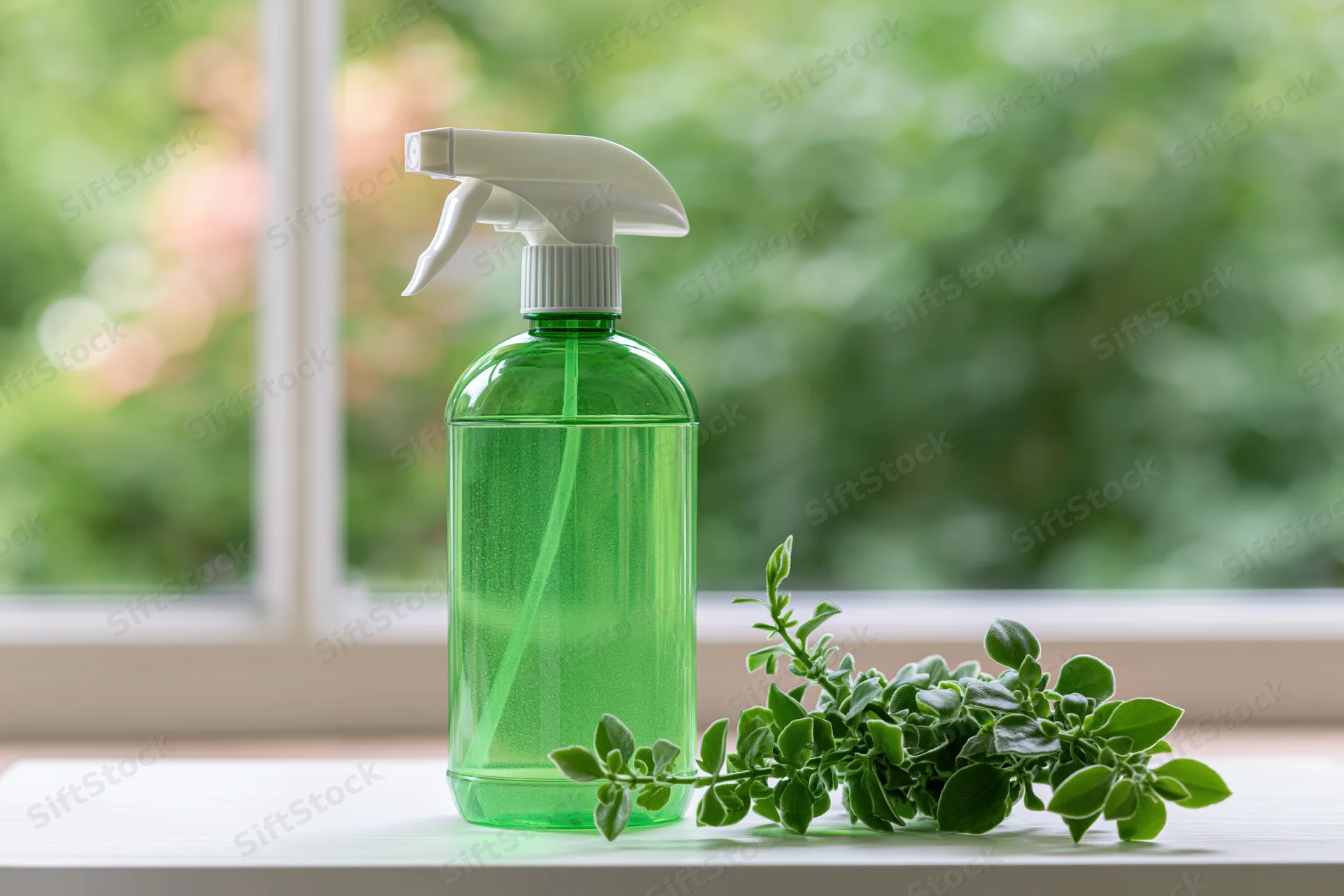 Green plastic spray bottle with translucent liquid and fresh green plant on windowsill indoors