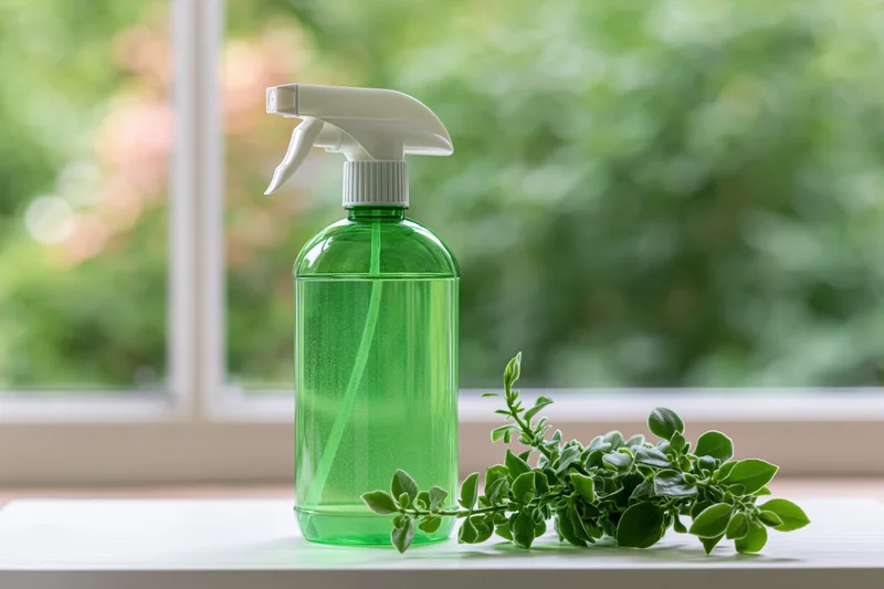 Green plastic spray bottle with translucent liquid and fresh green plant on windowsill indoors