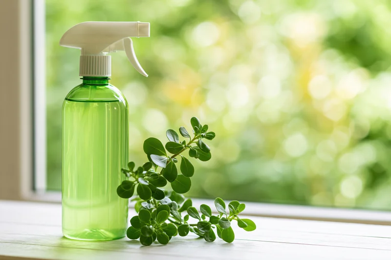 Green spray bottle with plant on windowsill near garden view