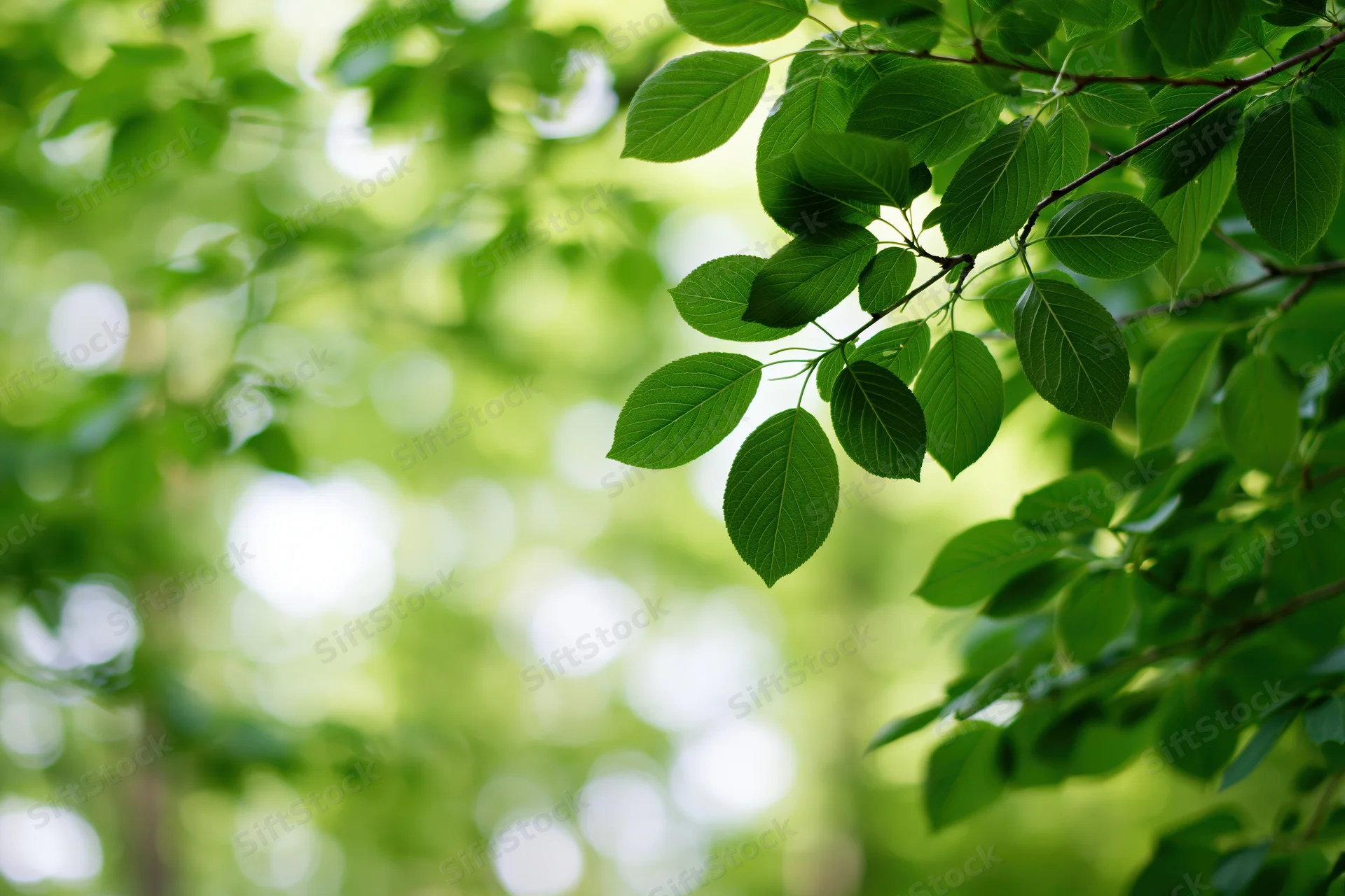 Green leaves on a tree branch in a sunlit forest setting