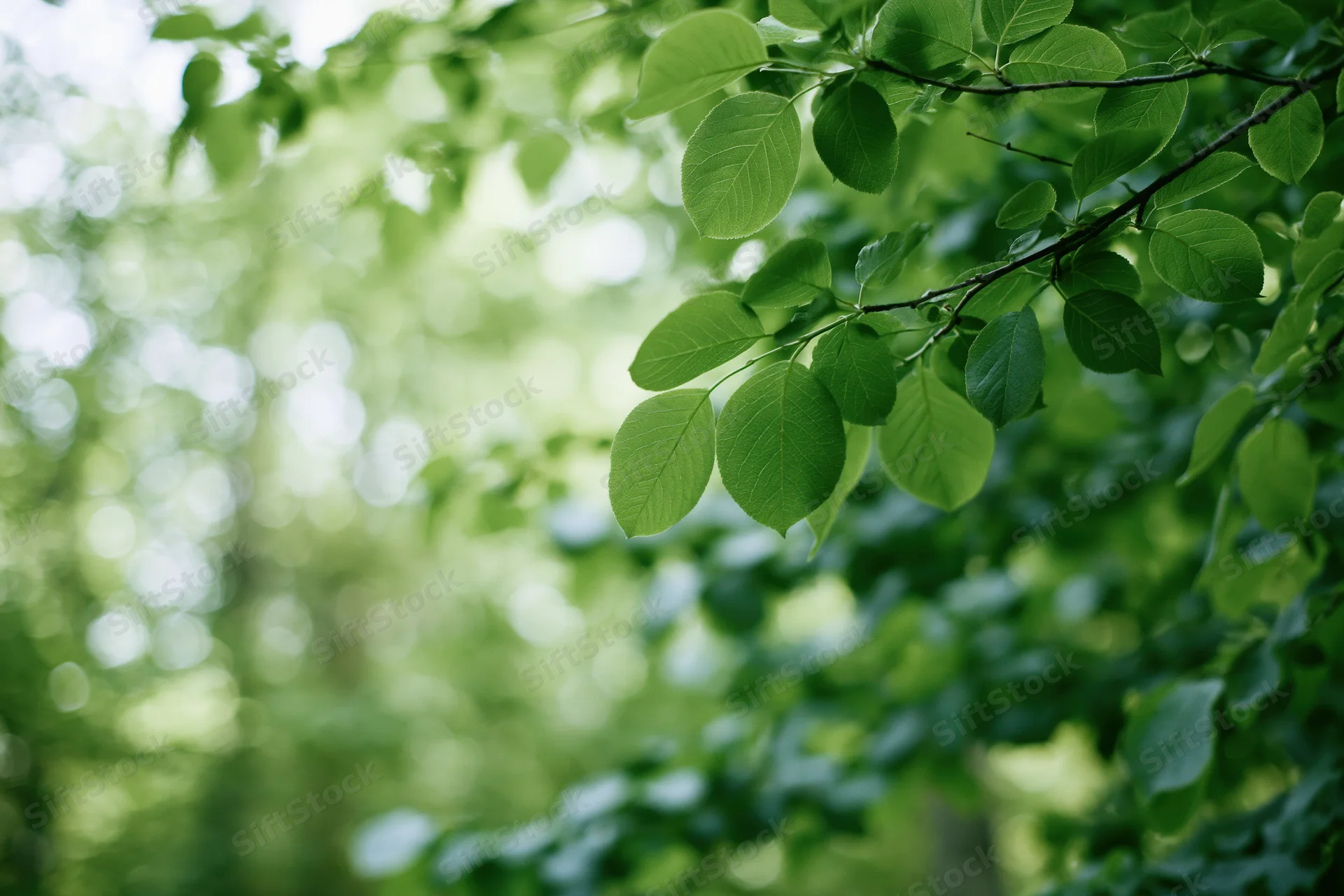 Green leaves on a tree branch in a forest setting with soft sunlight and blurred background