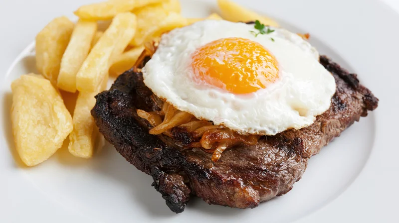 Grilled beef steak topped with sunny-side-up egg and caramelized onions served with french fries on a white plate