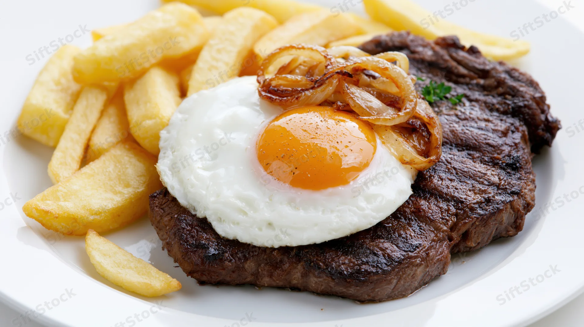 Grilled beef steak topped with sunny-side-up egg and caramelized onions served with french fries on a white plate