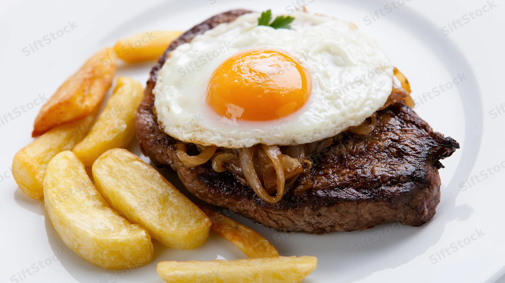 Grilled beef steak topped with sunny-side-up egg and french fries on a white plate