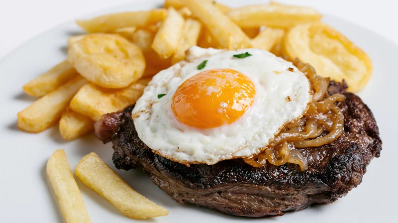 Grilled beef steak topped with sunny-side-up egg and caramelized onions served with french fries on a white plate