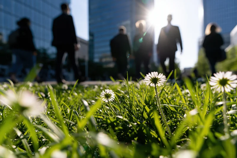 Low-angle view of green grass and white daisies with silhouetted office workers walking in a city skyline background