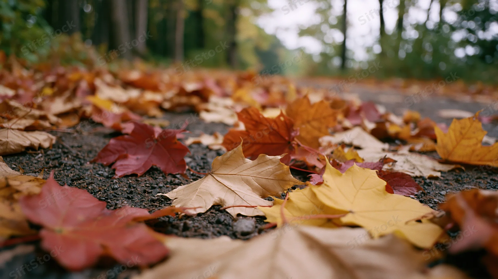 Fallen maple leaves scattered across a forest path at ground level