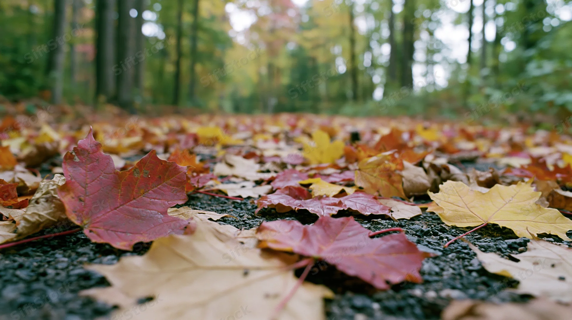 Fallen maple leaves scattered across a damp forest path in autumn