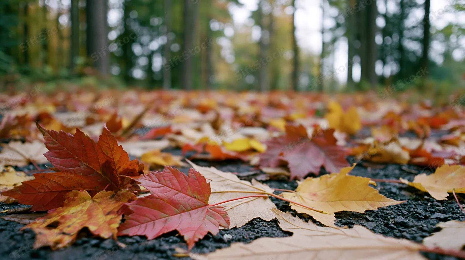 Fallen maple leaves scattered across wet pavement in a forest during autumn