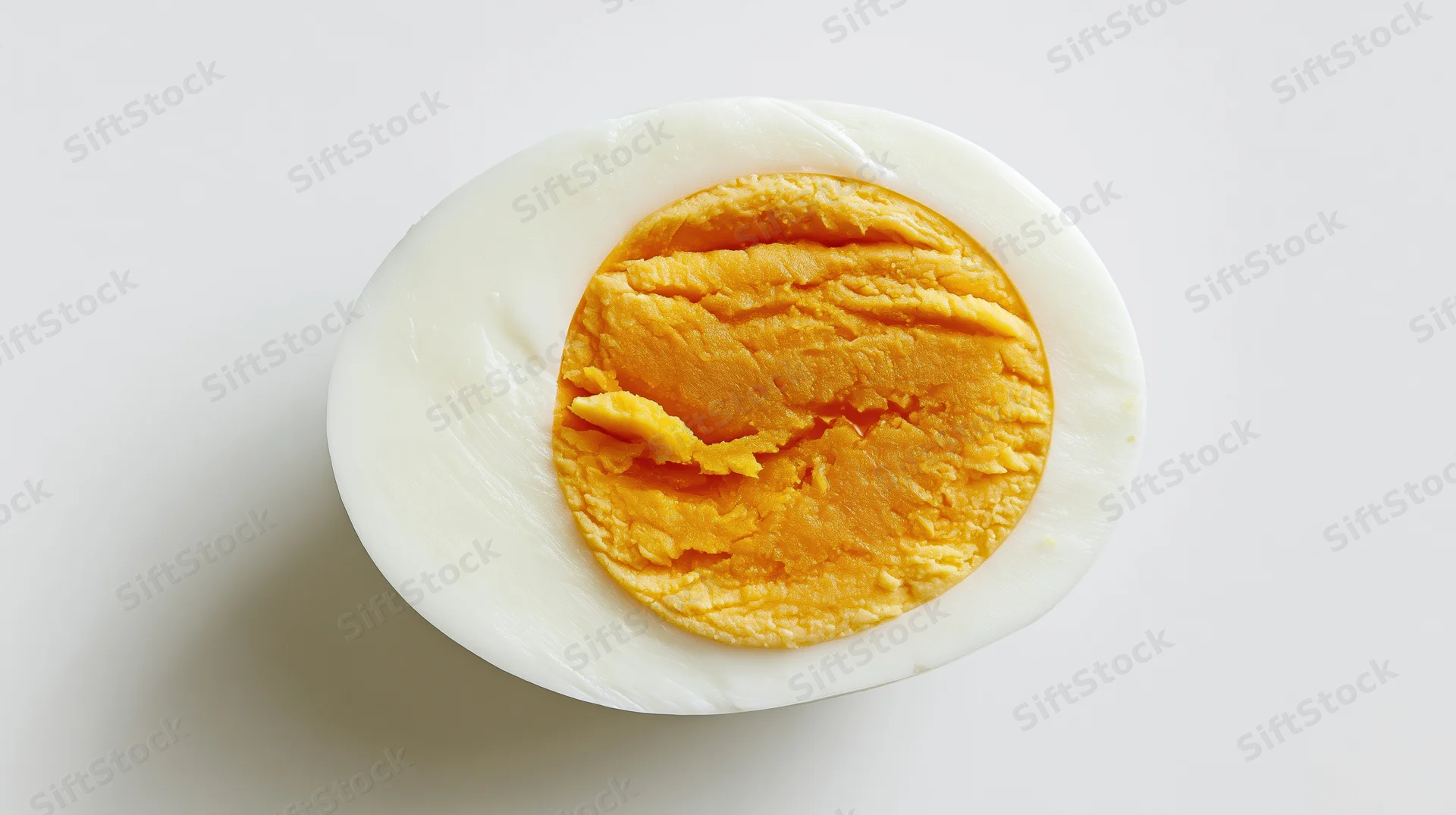 Half of a hard-boiled egg sliced crosswise showing yolk and white on white background