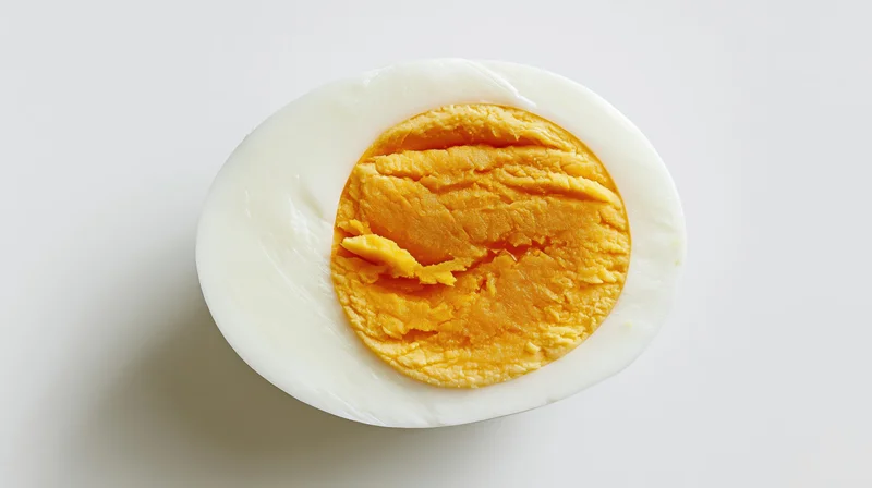 Half of a hard-boiled egg sliced crosswise showing yolk and white on white background