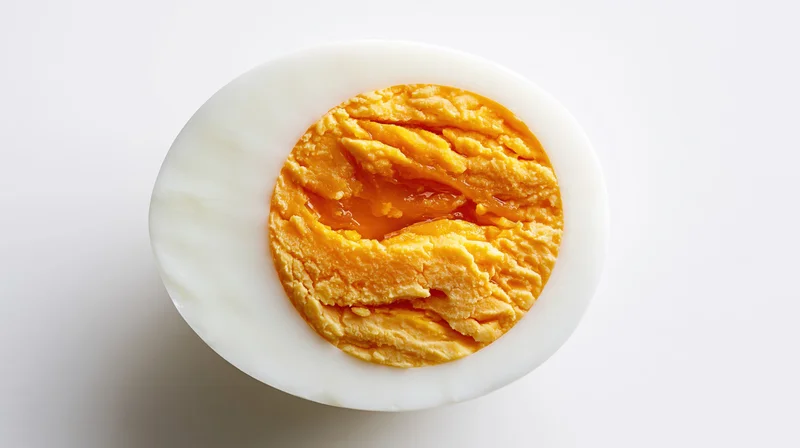 Half of a hard-boiled egg sliced crosswise showing yolk and white on white background