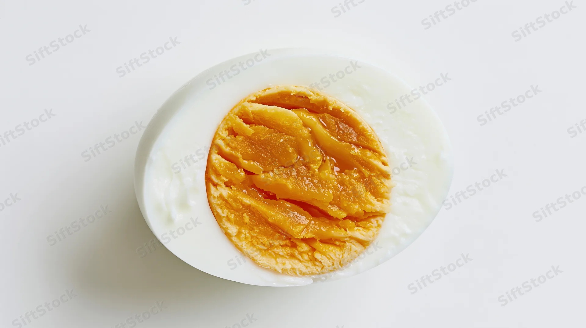 Half of a hard-boiled egg sliced crosswise showing the yolk on a white background