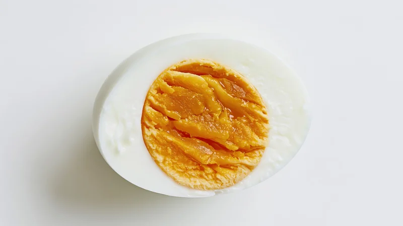 Half of a hard-boiled egg sliced crosswise showing the yolk on a white background