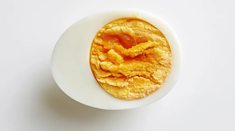 Half of a hard-boiled egg sliced crosswise showing yolk and white on white background