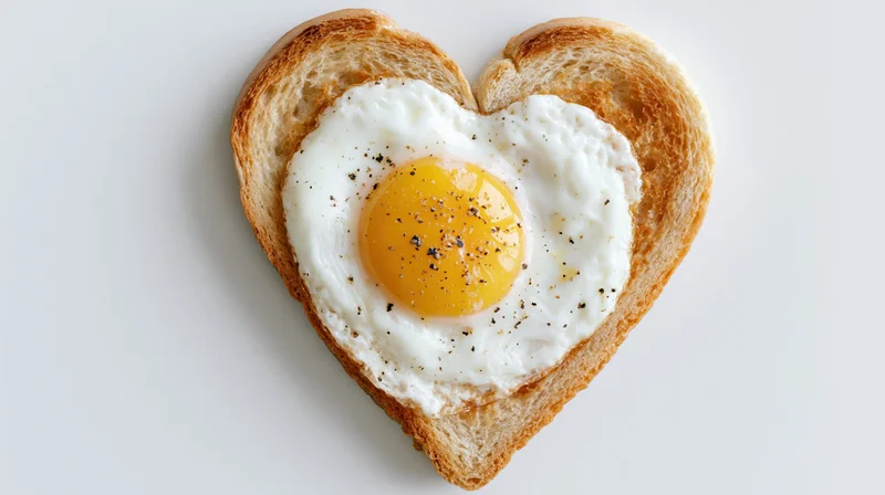 Heart-shaped toast with a sunny-side-up egg on white background