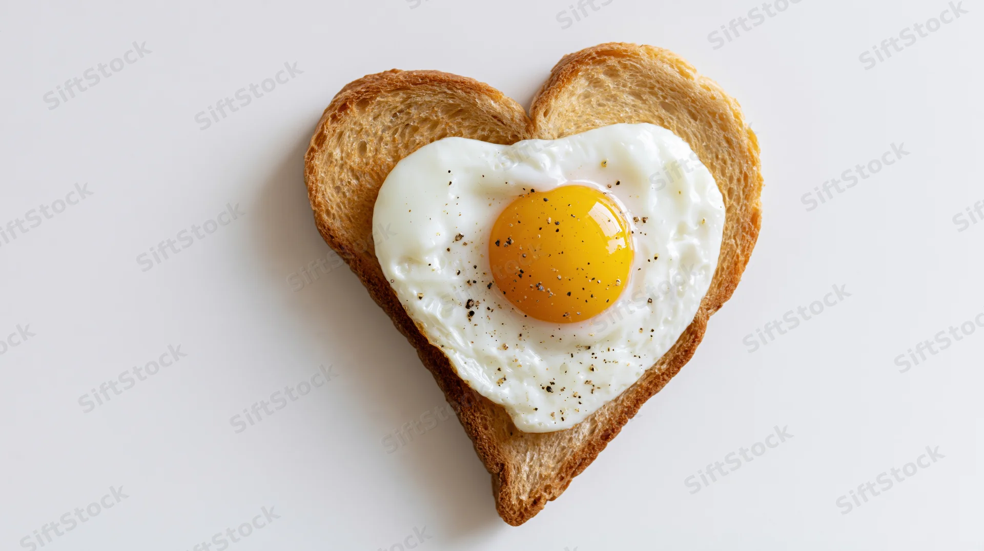 Heart-shaped toast with a sunny-side-up egg on top, on a white surface