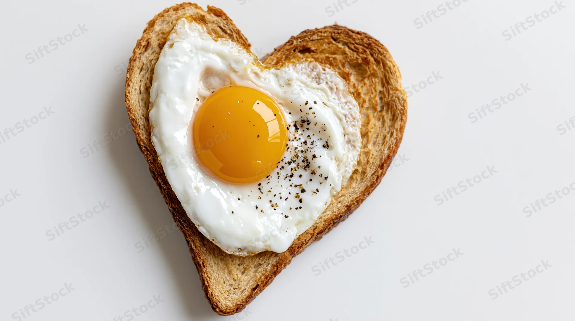 Heart-shaped toast with a sunny-side-up egg on white background