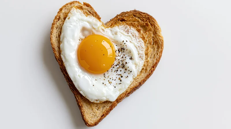 Heart-shaped toast with a sunny-side-up egg on white background