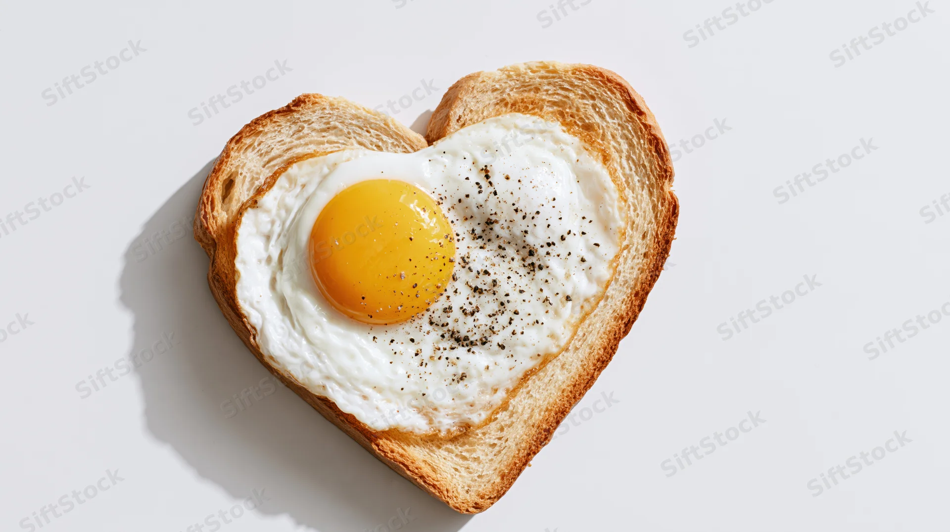 Heart-shaped toast with a sunny-side-up egg topped with pepper on a white surface