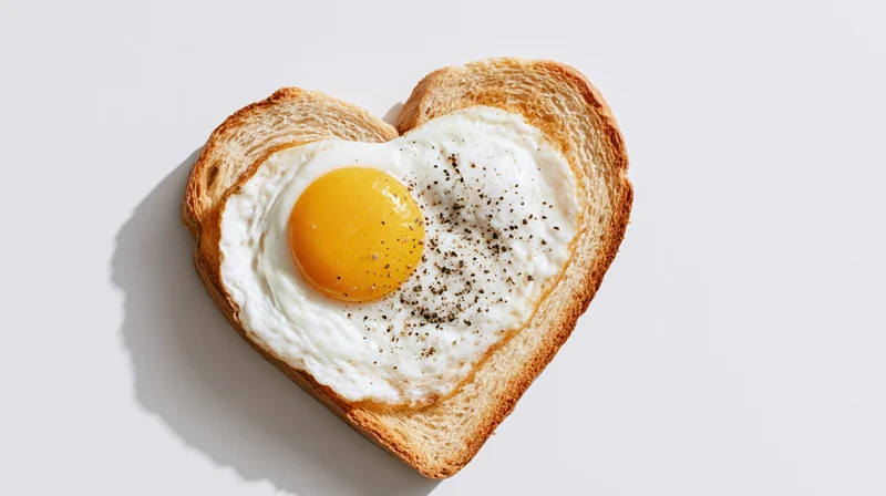 Heart-shaped toast with a sunny-side-up egg topped with pepper on a white surface