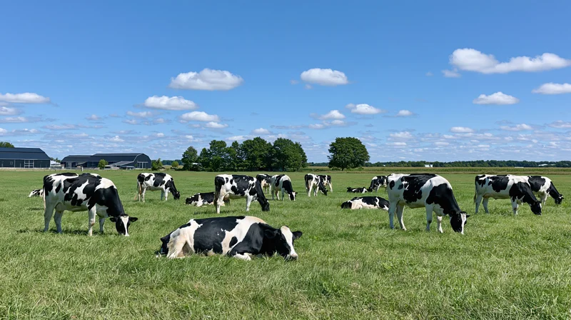 Herd of black-and-white holstein cows grazing and resting in a green pasture under a blue sky with scattered clouds near farm buildings