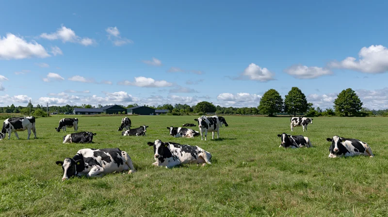 Herd of black-and-white holstein dairy cows grazing and resting in a grassy pasture with farm buildings and trees under a blue sky