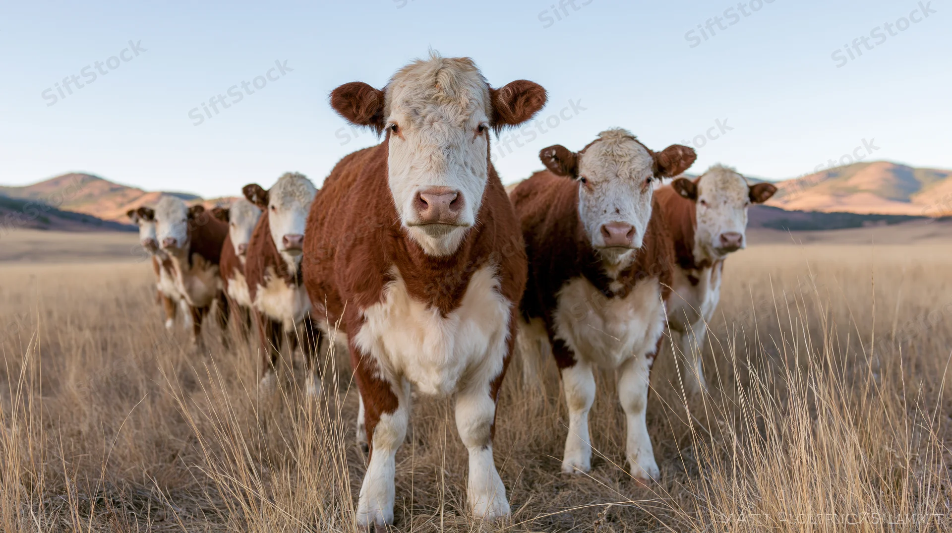 Hereford cattle standing in a line in an open grassland pasture with mountains in the background