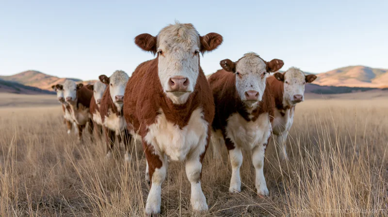 Hereford cattle standing in a line in an open grassland pasture with mountains in the background