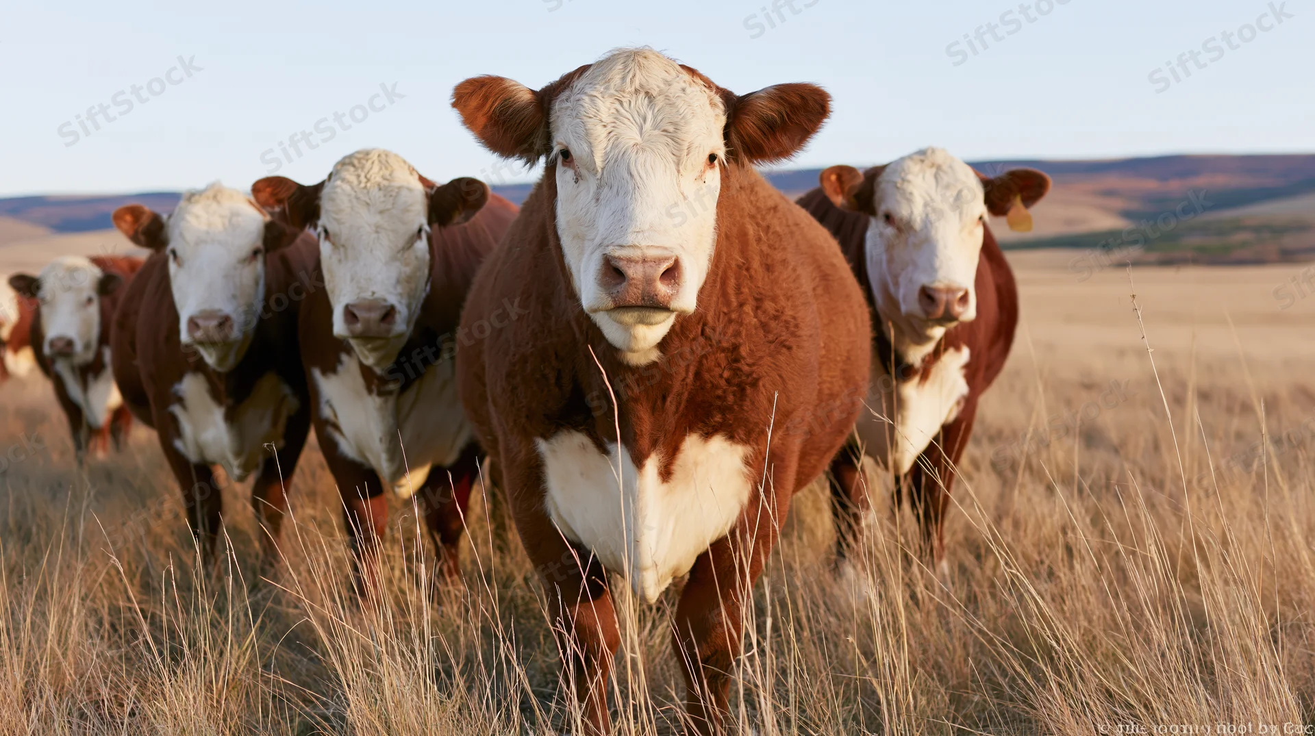 Hereford cattle standing in a line in an open grassland pasture