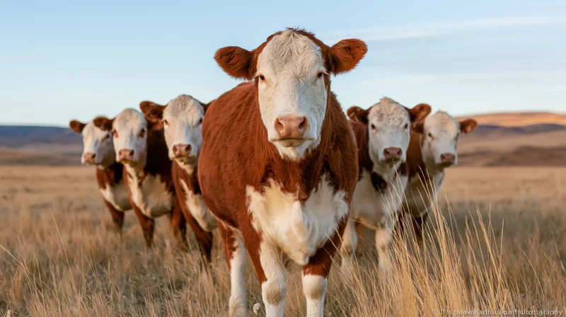 Hereford cattle standing in a line in an open grassland pasture