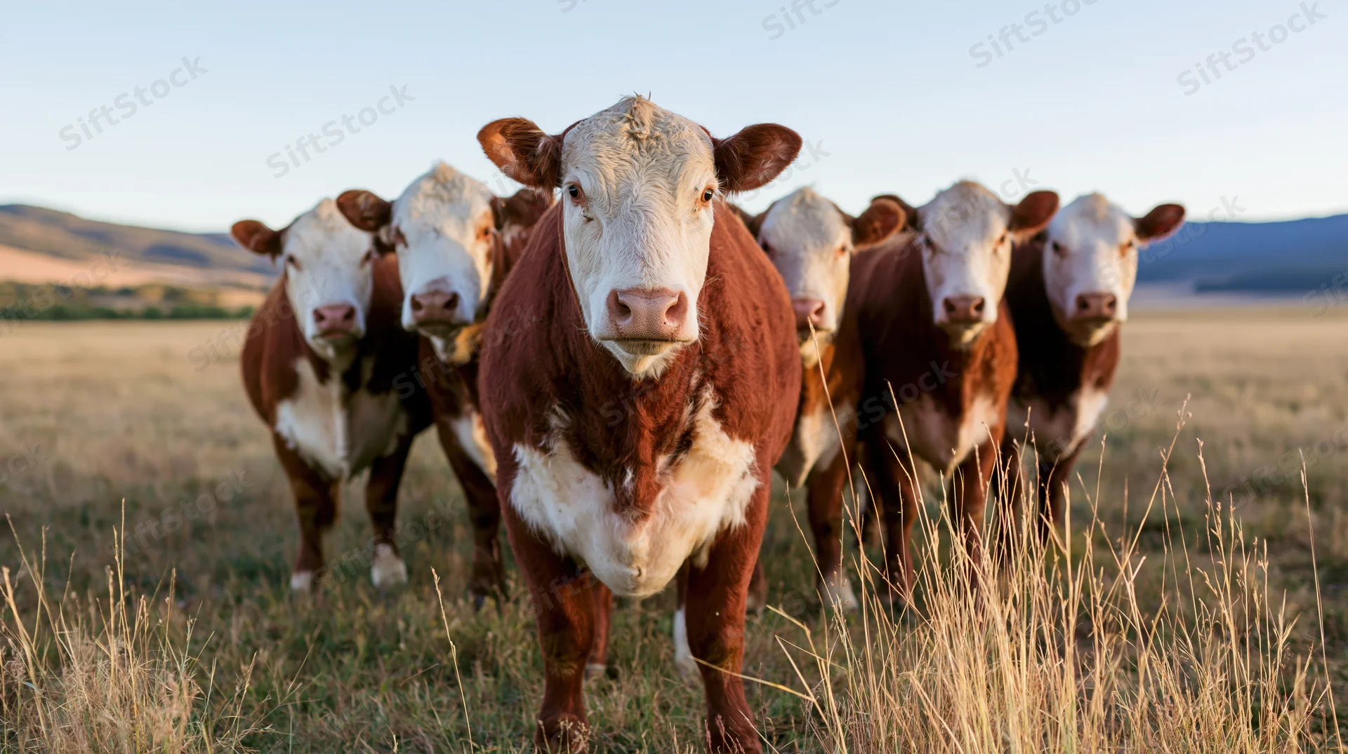 Hereford cattle standing in a line in an open grassland pasture with mountains in the distance