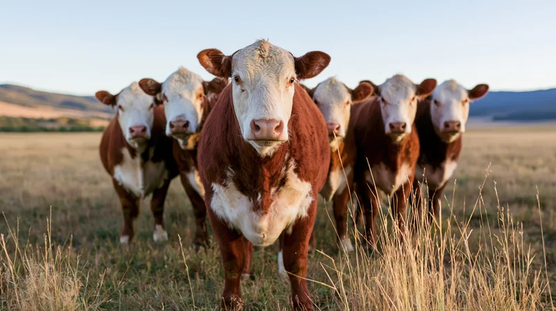 Hereford cattle standing in a line in an open grassland pasture with mountains in the distance